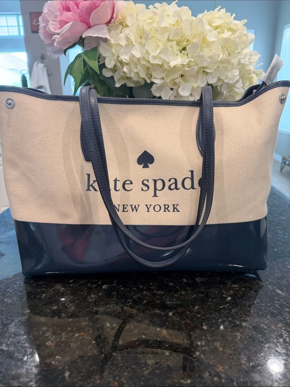 NWT kate spade Cream and Navy Canvas Tote with Logo